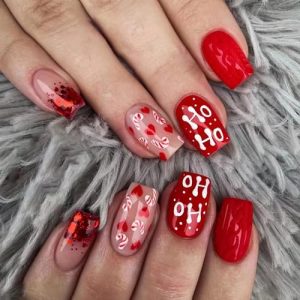 Christmas Press on Nails Red Short Square Fake Nails Cute HOHOHO Stick on Nails False Nails with Candy Cane Heart Designs Winter Xmas Acrylic Nails Short Holiday Press on Nails for Women Manicure