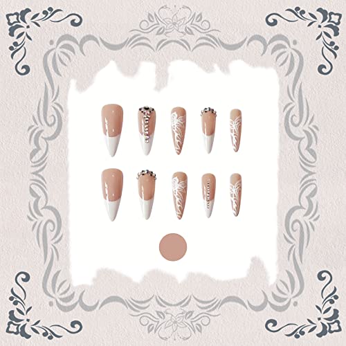 VOTACOS Press on Nails Long Stiletto Fake Nails Nude False Nails with White Rose Design Glitter Full Cover Stick on Nails for Women… - Image 4