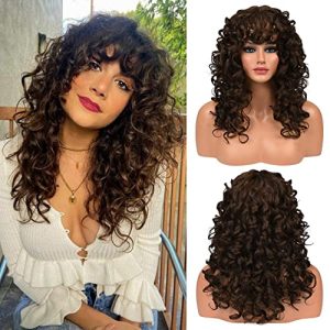 LONAI Curly Wig with Bangs for Women Long 23Inch Chocolate Brown Kinky Wigs with Wispy Bangs WIG006 Curly Gorgeous Shag Synthetic Wig for Daily Use Party Cosplay-Chocolate Brown