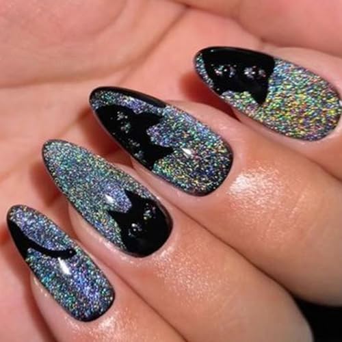 Press On Nails Almond, SHOWMORE Rainbow Glitter Fake Nails Medium Cat Eye Glue On Nails False Nails with Design Reusable Stick On Nails, 12 Sizes 24 Nail Kit with Glue (Handmade) - Image 3