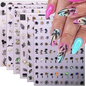 6 Sheets Gold Nail Stickers - DIY Nail Art Supplies for Women - 3D Self Adhesive Flower Nail Art Stickers - Black Gold Laser Summer Palms Leaves Coconut Trees Nail Designs for Acrylic Nails Decoration