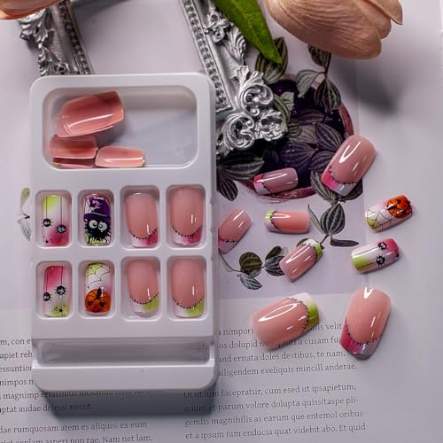 Medium Square Halloween Press on Nails Pink Green Gradient Pumpkin Design 24 Pcs - Image 2