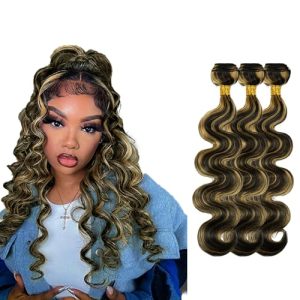 Ombre Bundles P1B/27 Human Hair Bundles Highlight Body Wave Bundles 14 16 18 inch Honey Blonde Human Hair 3 Bundle 8A Brazilian Remy Blonde Body Wave Bundle Hair Extensions