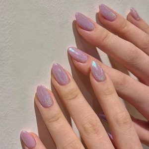 Press On Nails Long Almond Pink Purple Laser Glitter Fake Nails Acrylic False Nail Tips Kit Glue on Nails for Women