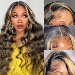 Highlight Lace Front Wig Human Hair Pre Plucked 26 Inch 1B/27 Ombre Lace Front Wig Human Hair 13x4 Body Wave Lace Front Wigs Human Hair 180% Density Colored HD Glueless Human Hair Wigs