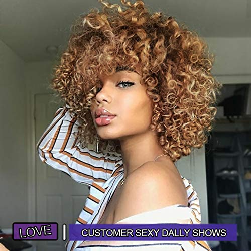Curly Wigs for Black Women - Kinky Afro Curly Wig with Bangs 2 Tone Blonde Mixed Brown Color Synthetic Heat Resistant Full Wigs with 1 Wig Comb and 4pcs Wig Caps - Image 3