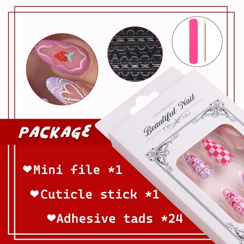 24 Pcs Rose Red Heart Strawberry Short Coffin Press On Nails - Image 4