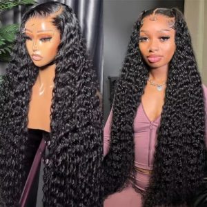 Maxine 12A 28 Inch 13x6 HD Transparent Water Wave Lace Front Wigs Human Hair Bye Bye Knots 180% Density Deep Wave Wet and Wavy Human Hair Wigs for Black Women Pre Bleached Invisible Knots