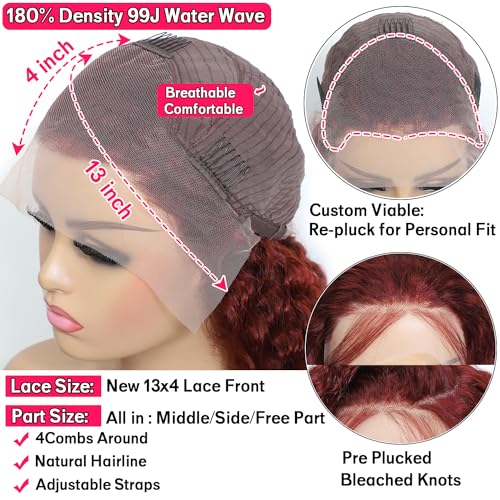 99J HD Lace Front Wigs Human Hair Pre Plucked 180 Density Burgundy Deep Wave Frontal Wigs 13x4 Natural Hairline Human Hair Wigs for Black Women(22 Inch) - Image 5