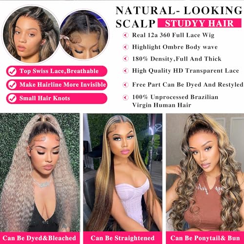 Ombre Highlight Body Wave 360 Lace Front Wigs Human Hair Pre Plucked With Baby Hair Honey Blonde 360 Hd Lace Frontal Wigs Human Hair Full Lace for Women 18inch - Image 5