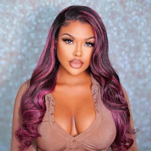 MEGALOOK 28 Inch Ombre Purple Body Wave Brazilian Virgin Human Hair Lace Front Wig 180% Density