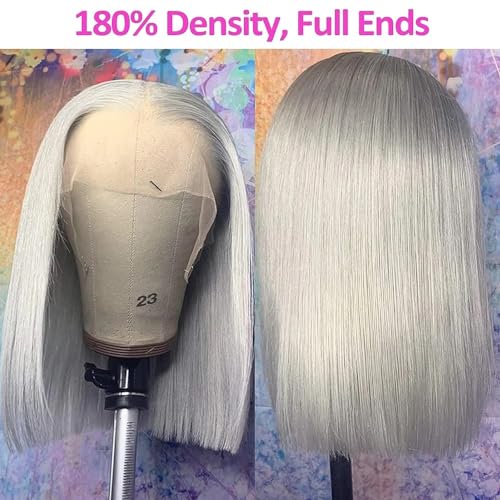 Bob Wig Human Hair Grey 13x4 Lace Front Wigs Human Hair Pre Plucked Hairline Middle Part Brazilian Virgin Human Hair Lace Front Wigs 14 Inch Bleached Knots Lace Front Short Bob Wig 180% Density - Image 8