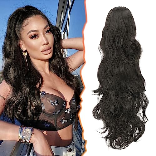 BARSDAR 20 In Ponytail Extension, Claw Clip Ponytail Hair Extensions Long Wavy Black Synthetic Clip in Pony Tails Hairpieces for Women Girls Daily Party Halloween (Natural Black)