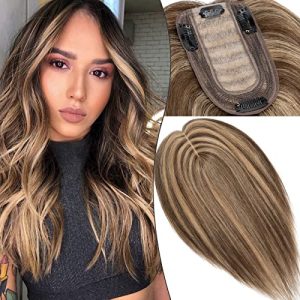 S-noilite 10 Inch 33g Medium Brown/Dark Blonde Balayage Silk Base Clip-in Hair Topper Women 130% Density