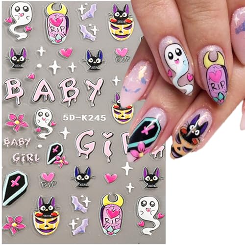 Halloween Nail Art Stickers 5D 3 Sheets Skull Spider Web Ghost Pumpkin Designs for Women - Image 2
