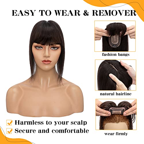 S-noilite Hair Toppers for Women Real Human Hair Topper with Bangs 6 Inch #1B Natural Black Silk Base clip in topper for Women with Thinning Hair 27g Hair Loss Cover 100% Real Human Hair - Image 5