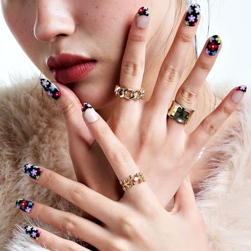 Press on Nails Medium Oval, GLAMERMAID Black Flower French Tip Glue on Gel Nails, 24Pcs Short Oval Acrylic False Nails Kits Reusable UV Finish Full Cover Stick on Nail for Women Gifts - Image 2