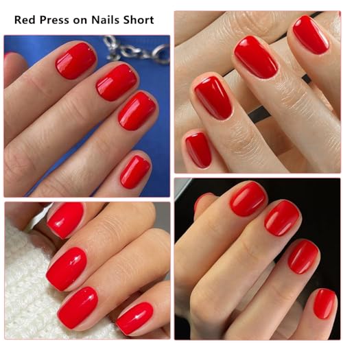 LuckForever Short Press on Nails 240pc Glossy Red Press on Nails Short Square Fake Nails Full Cover False Fingernail French Tips Presson Nail 10 Sheets Glue Nail Adhesive Tabs File Tools for Women - Image 6