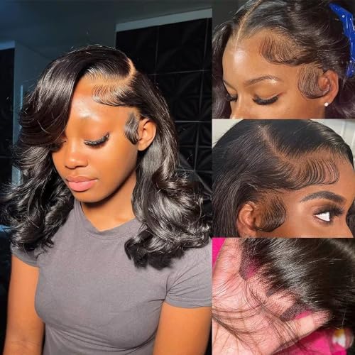 Short Bob Wig Body Wave 13x6 HD Transparent Lace Frontal Human Hair Wig For Women Pre Plucked With Baby Hair Side Part Brazilian Remy Hair Short Wigs Bleached Knots Natural Color 150% Density 16Inch - Image 2