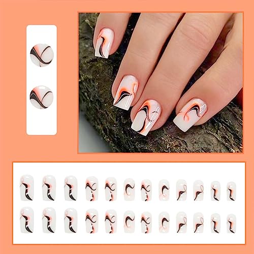 Press on Nails Short Length Natural Fake Nails with Black and Orange Swirl Designs Square False Nails with Glue and Adhesive Tabs, Acrylic Artificial Nails for Women Girls 24pcs - Image 4