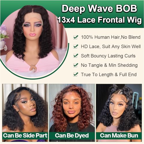 Deep Wave BOB Wig Human Hair HD Lace Front Wigs for Black Women Human Hair Glueless Invisible Lace Wigs Human Hair Pre Plucked Water Wave 180 Density Human Hair Wig 13x4 Frontal Wig 14 Inch - Image 5
