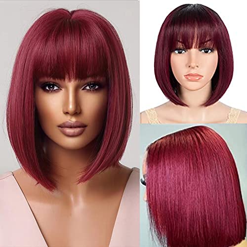 Short Bob Wigs With Bangs Human Hair Wig For Black Women Brazilian None Lace Front Wigs Machine Made Bob Wigs 150% Density 10 Inch. (10 inch, 99J)
