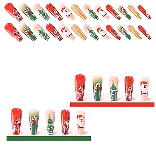24 Pcs Long Coffin Red Gradient Christmas Press On Nails with Snowflake Designs - Image 4