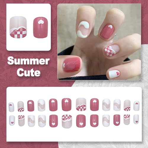 Pink Press on Nails Short Nails Acrylic Press Ons, Small Petite Square Fake Nails with Designs Nails Press Ons, 24Pcs - Image 2