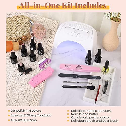 Beetles Gel Nail Polish Kit with U V LED Light 48W,6 Colors Jelly Milky White Sheer Pink Nude Gel Polish Starter Kit Manicure,Soak Off U V Gel Nail Polish Set Salon DIY Women‘s Day Gifts for Mom - Image 2