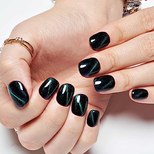 Short Square Black Cat Eyes Gel Press on Nails Blue Glitter Reusable Kit for Women - Image 5