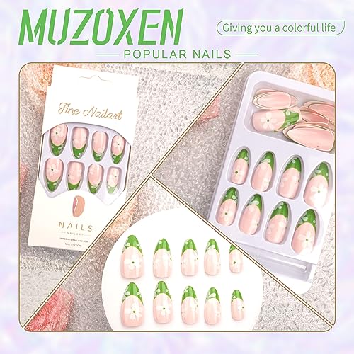 Almond Press On Nails Medium Cute Fake Nails with Glossy Flowers Leaf Design Green Pink Summer French Tip False Nails with Glue Full Cover Acrylic Nails - 24pcs - Image 3