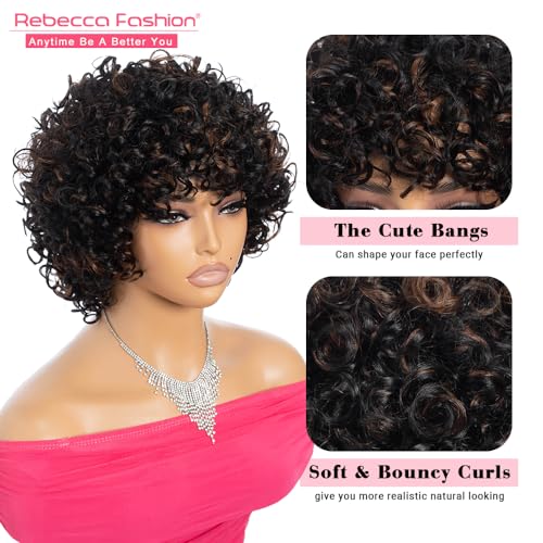 Rebecca Fashion Short Curly Wigs with Bangs Human Hair 8" Curly Wigs for Black Women Black Mixed Brown Color 150% Density Brazilian Virgin Hair (F1B/30) - Image 3