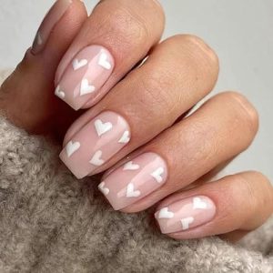 Valentines Day Press on Nails Short Square Fake Nails with White Heart Designs Valentines Glue on Nails Nude False Nails Press ons Glossy Stick on Nails for Women 24 Pcs