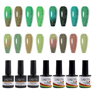 4 Colors Color Changing Gel Nail Polish Set Soak Off Glitter Nail Art Design Kit Manicure with with 3 Pcs Glossy & Matte Top and Base Coat Manicure Salon Gifts for Women Girls (07SET-001)