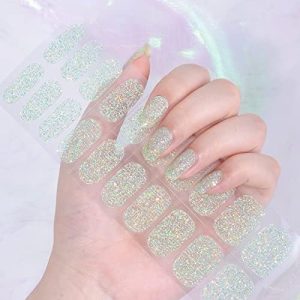 Glitter Gel Nail Strips Green Sequins Fully Cured Nail Polish Stickers Long Lasting Gel Nail Wraps UV Free Chip Resistant