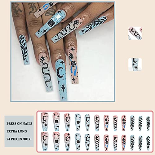 24 Pcs Press on Nails Extra Long Coffin Fake Nails with Cartoon Stars and Moon Design Designs False Nails and Cute Blue Snake Pattern Ballet Cartoon Stick on Nails Matte Acrylic Nails for Women - Image 2
