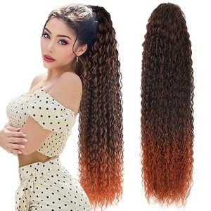 Corn curly drawstring ponytail extension for black women 30 Inch long kinky wave synthetic natural fake hair extensions clip in human hair piece（Black gradation brownish-red MT1B/350）……