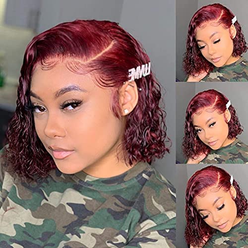 Short 14 Inch 99J Burgundy Curly Human Hair Bob Wig for Black Women with Lace Part - Image 6