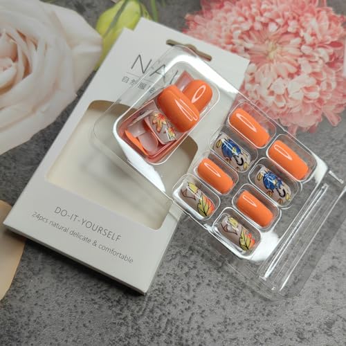 24Pcs Fall Maple Leaf Press on Nails Medium Coffin Fake Nails Maple Leaves Acrylic Glue on Nails Full Cover Orange Autumn Square False Nails Thanksgiving Stick on Nails for Women Holiday Manicure - Image 3