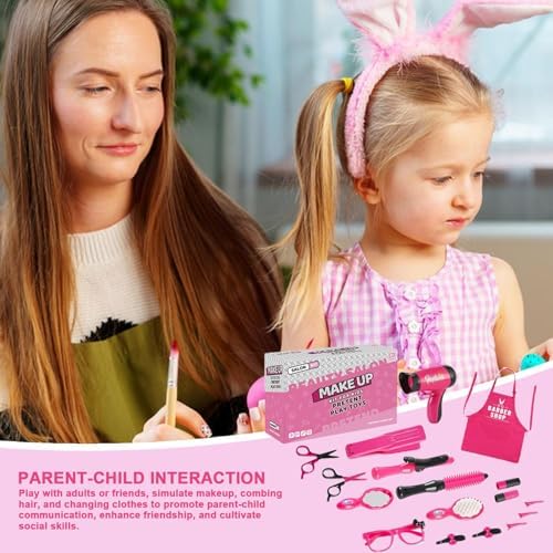 Pretend Play Make Up | Kids Makeup Vanity Set | Hair Salon Girls Toys | Styling Toy Set for Girls with Realistic Blow Dryer, Hair Straightener Barber Apron Sunglass Clip - Image 4