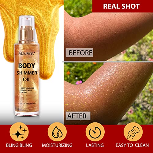 Shimmer Body Oil 4 Colors Summer Body Glitter Moisturizing Light Shimmer Glow Non-Sticky Summer Body Luminizer and Illuminator Smooth (2.8 Fl Oz (Pack of 1), Gold) - Image 3
