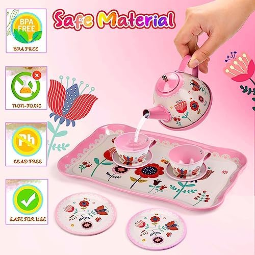 Tea Set for Little Girls, Birthday Gift for Age 3 4 5 6 Year Old, Toddler Toys Tea Party Set for Little Girls, Princess Kids Kitchen Pretend Toy with Tin Tea Set, Desserts & Carrying Case - Image 4