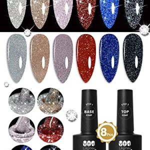 YTD Likomey Reflective Glitter Nail Gel Set,Falsh 6 Colors with Base and Top Coat Shimmer Black Silver Pink Blue Red Gold Diamond Sparkle UV Varnish,8 Pcs 7.5ml