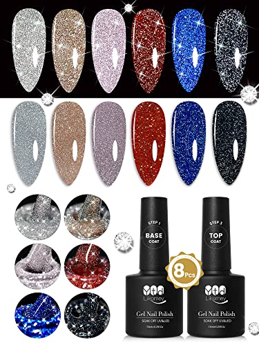 YTD Likomey Reflective Glitter Nail Gel Set,Falsh 6 Colors with Base and Top Coat Shimmer Black Silver Pink Blue Red Gold Diamond Sparkle UV Varnish,8 Pcs 7.5ml