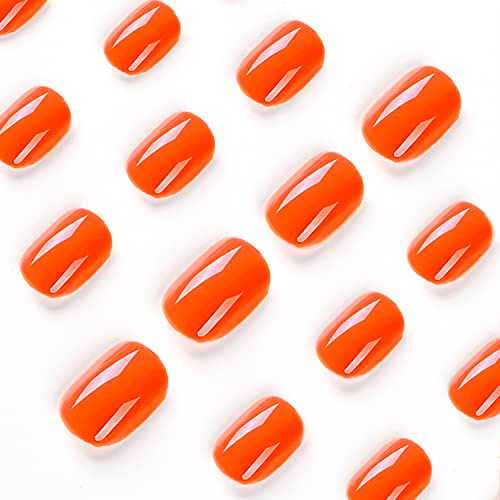 Square Press on Nails Short Fake Nails Full Cover Glue on Nails Glossy Heatwave Orange Acrylic Nails 24 Pcs 12 Size Press-On Spring Summer Fake False Gel Nails Manicure Set for Women Girls,• Savanna • - Image 6