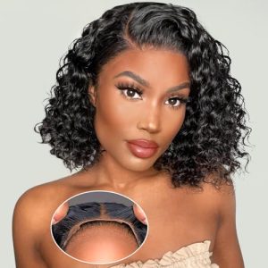 Glueless Wigs Human Hair pre plucked Pre Cut, Short Curly Bob Lace Front Wigs for Black Women, 4x4 Lace Closure Glueless Wig with Elastic Band for Beginners, 200% Density, 10 Inch