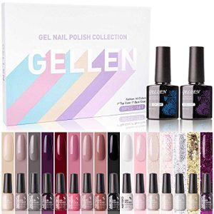 Gellen Gel Nail Polish Kit 16 Colors - With Top Coat Base Coat, Grays and Wine Popular Fall Winter Dark Colors, Solid Black White Shimmers Glitters Nail Art Colors Home Gel Manicure Set