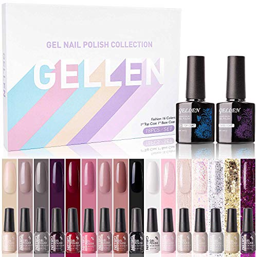 Gellen Gel Nail Polish Kit 16 Colors - With Top Coat Base Coat, Grays and Wine Popular Fall Winter Dark Colors, Solid Black White Shimmers Glitters Nail Art Colors Home Gel Manicure Set