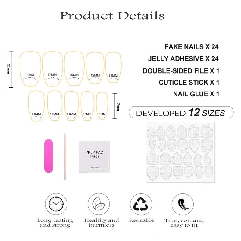 24Pcs Press on Nails Medium-length Kits 12 Sizes French Nail Tip Square Full Cover with Nail Tools,Reusable UV Finish Full Cover Stick on Nails for Women Girls (Smoky Gray Gradient French) - Image 6
