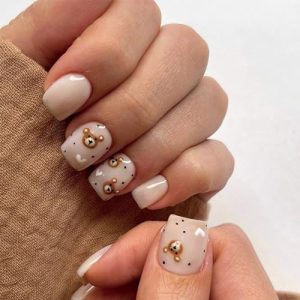 SINHOT 24pc Glossy White Heart Bear Design Short Squoval Press On Nails
